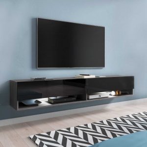 ROMANE Meuble TV suspendu 2 portes 2 niches gris foncé et noir ROMANE XXL - 180 cm