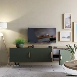 Meuble TV SPACEO Evo'M, façade chêne / caisson blanc H.38.4 x l.180 x P.38 cm