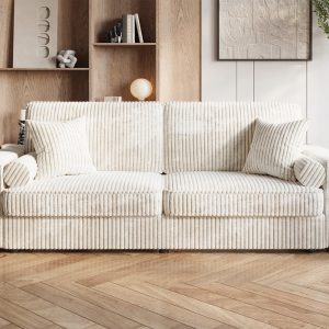 Canapé convertible 3 places en velours côtelé épais beige ALINE Largeur 230cm x Profondeur 94.5cm x Hauteur 91cm