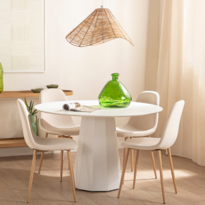 Chaise de salle à manger rembourrée en velours beige avec pied naturel Ellis