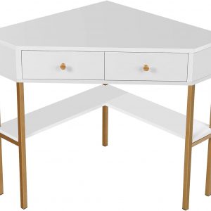 Bureau d’Angle en Forme de L au Design Moderne avec 2 Tiroirs, étagère et Cadre Métallique,Table d'ordinateur d'angle Stable pour Salon