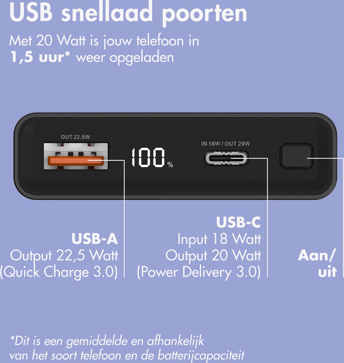 imoshion® Powerbank 10000 mAh - Affichage LED de la batterie - USB A & USB C - Convient pour Apple iPhone et Samsung - 20 Watt - noir – Image 4