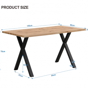 Table à manger 6 couverts, bois MDF + métal, noir & chêne, 140 x 80 x 76 cm